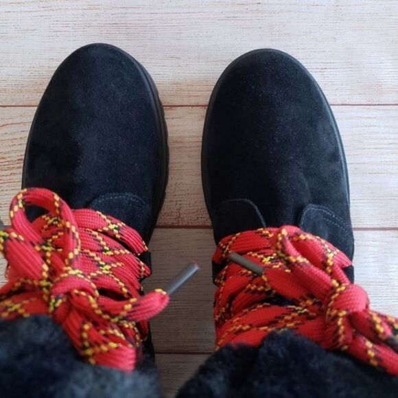 Aquatalia Suede Leather Faux Fur Hiking Outdoor Boots Booties Lace Up Black - Picture 13 of 13